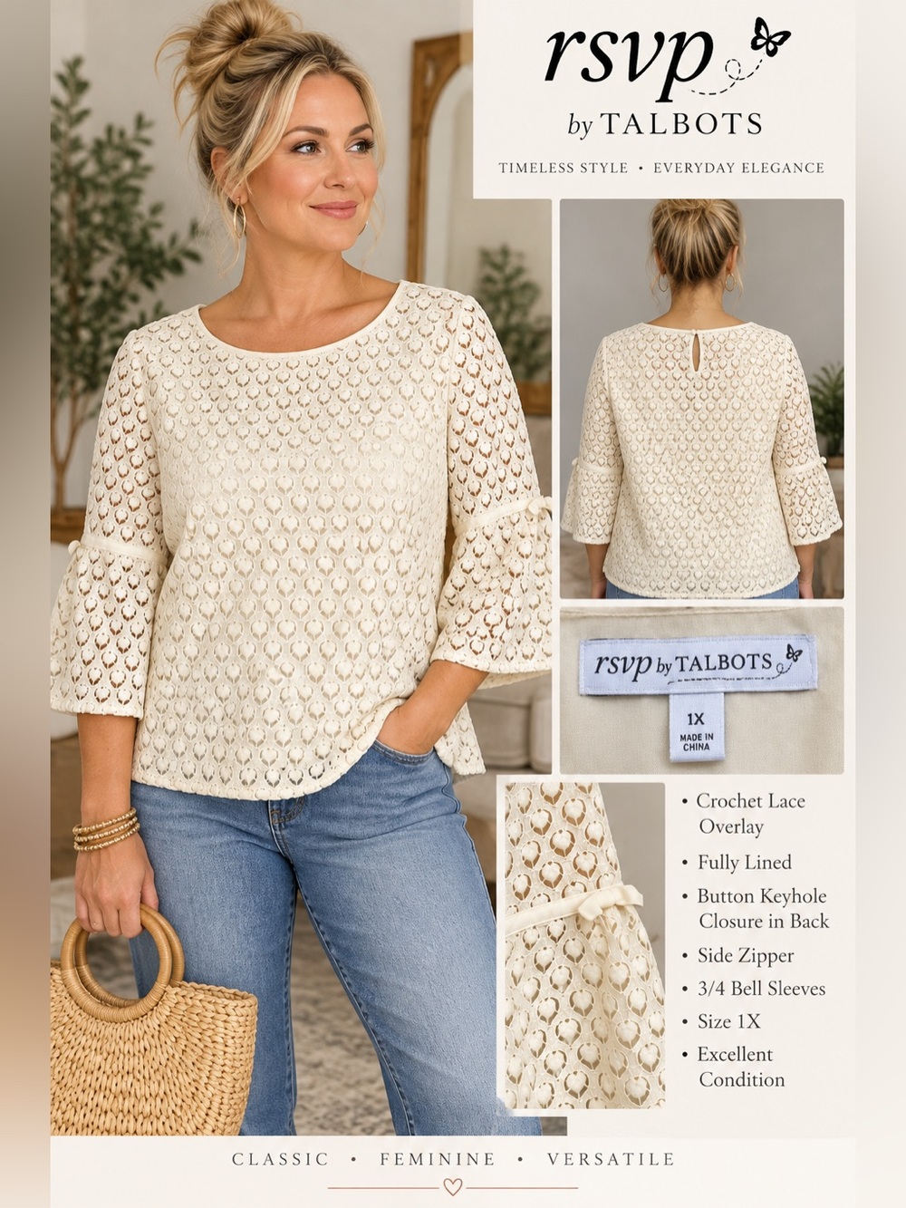 RSVP by Talbots Cream Crochet Lace Bell Sleeve Blouse Top Plus Size 1X